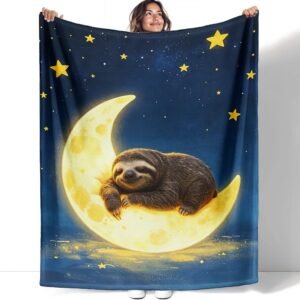 Cute Sloth Fleece Blanket Gifts for Women Girls, Soft Cozy Plush Funny Throw Blanket for Bed, Couch and Room Decor, Warm Moon, 60″ x 80″