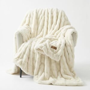 Double Sided Ruched Faux Rabbit Fur Throw Blanket for Couch
