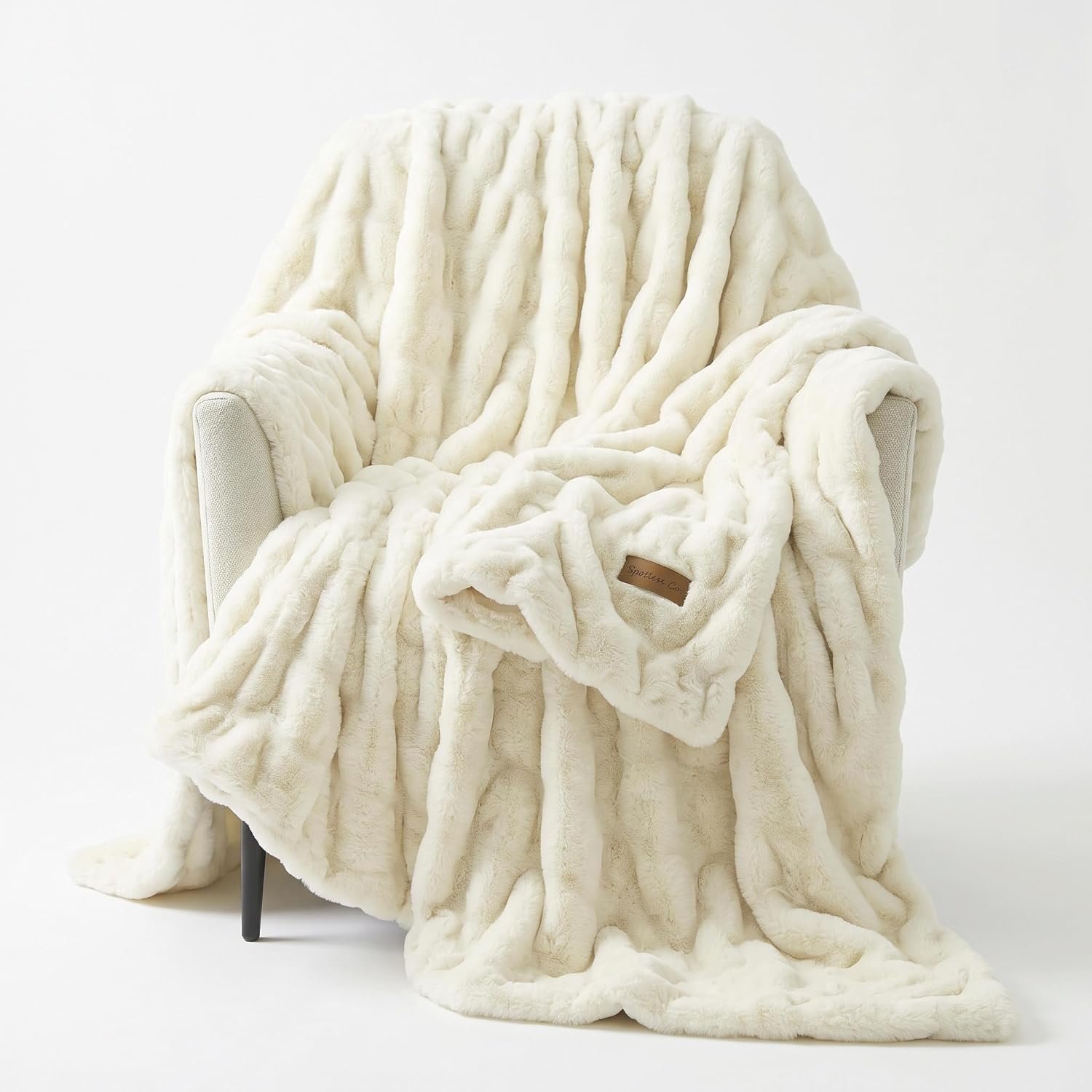 Double Sided Ruched Faux Rabbit Fur Throw Blanket for Couch