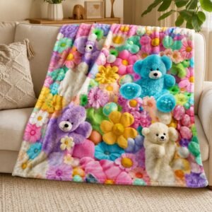 Teddy Pastel Floral Print Throw Blanket, Kawaii Plush Cozy Soft Fluffy Bed Blanket, Colorful Cute Teddy Bear Flower Decorative Throw for Sofa Couch Home Bedroom Gift