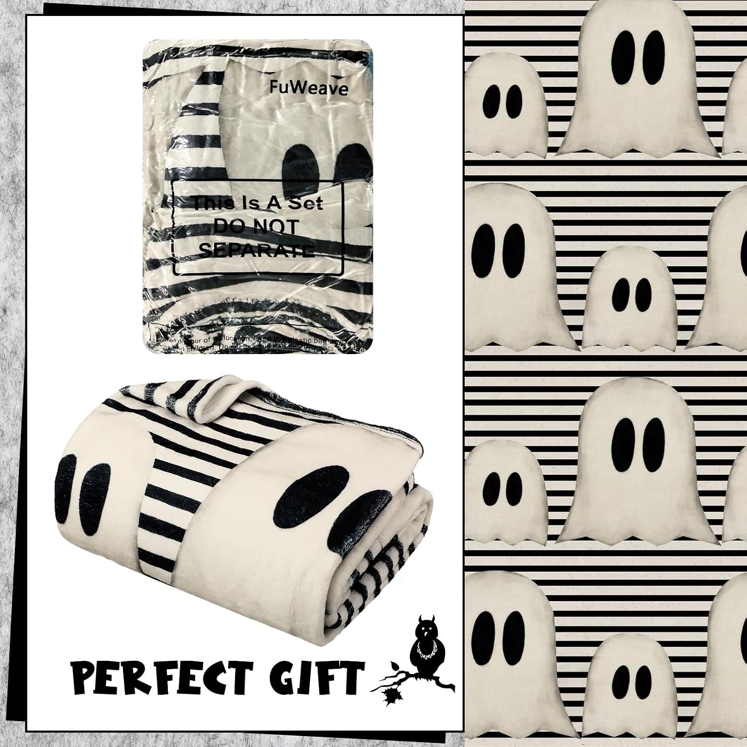 Halloween Throw Blanket Cute Ghost Blanket Black and White Striped - Image 2