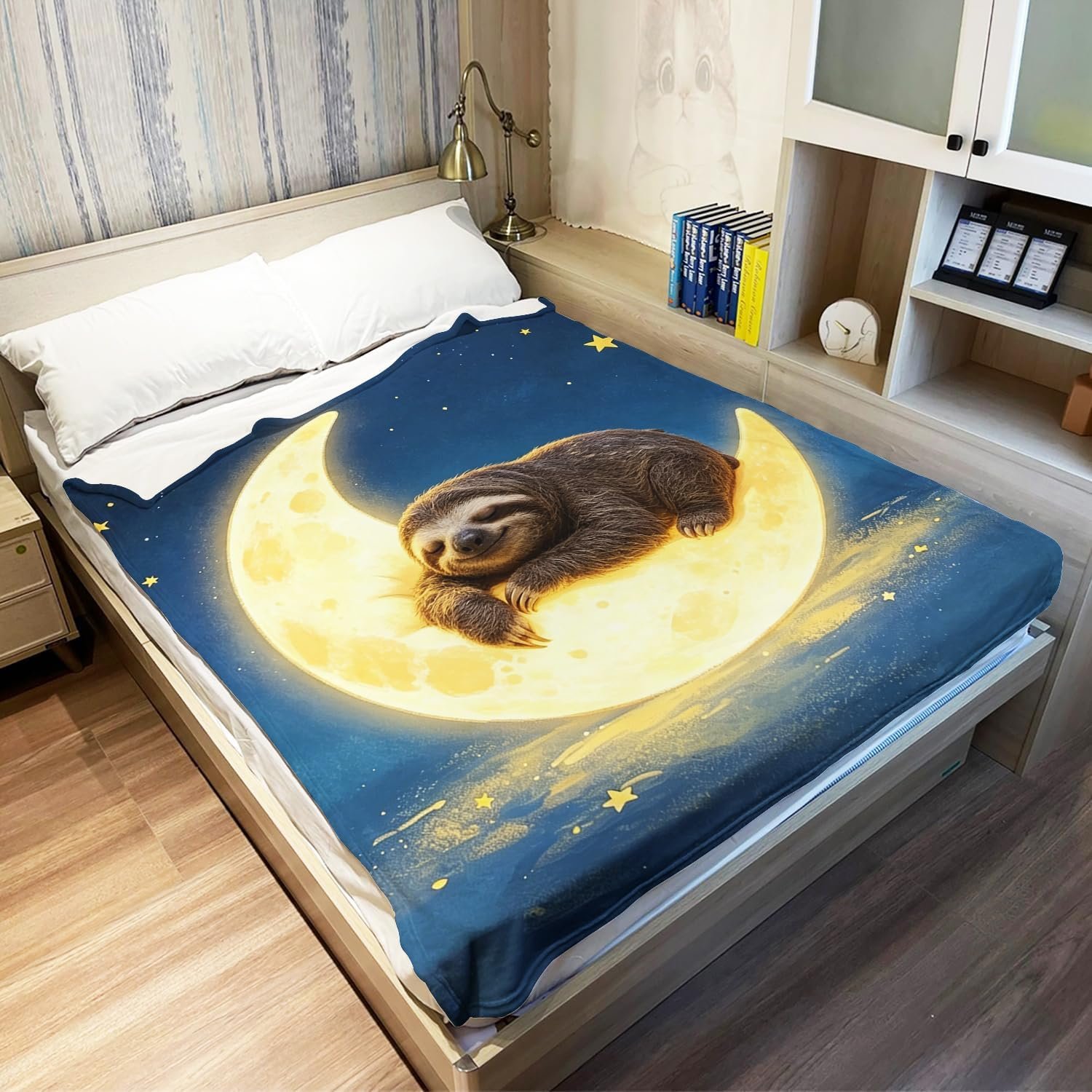 Cute Sloth Fleece Blanket Gifts for Women Girls, Soft Cozy Plush Funny Throw Blanket for Bed, Couch and Room Decor, Warm Moon, 60" x 80" - Image 4