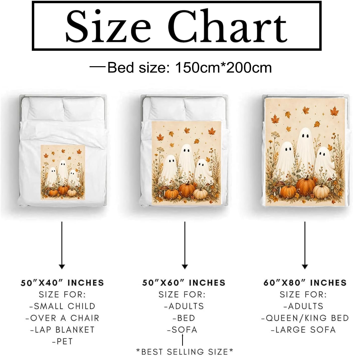 Ghost Blanket Autumn Pumpkin Floral Flannel Throw 50×60 Inch - Image 3