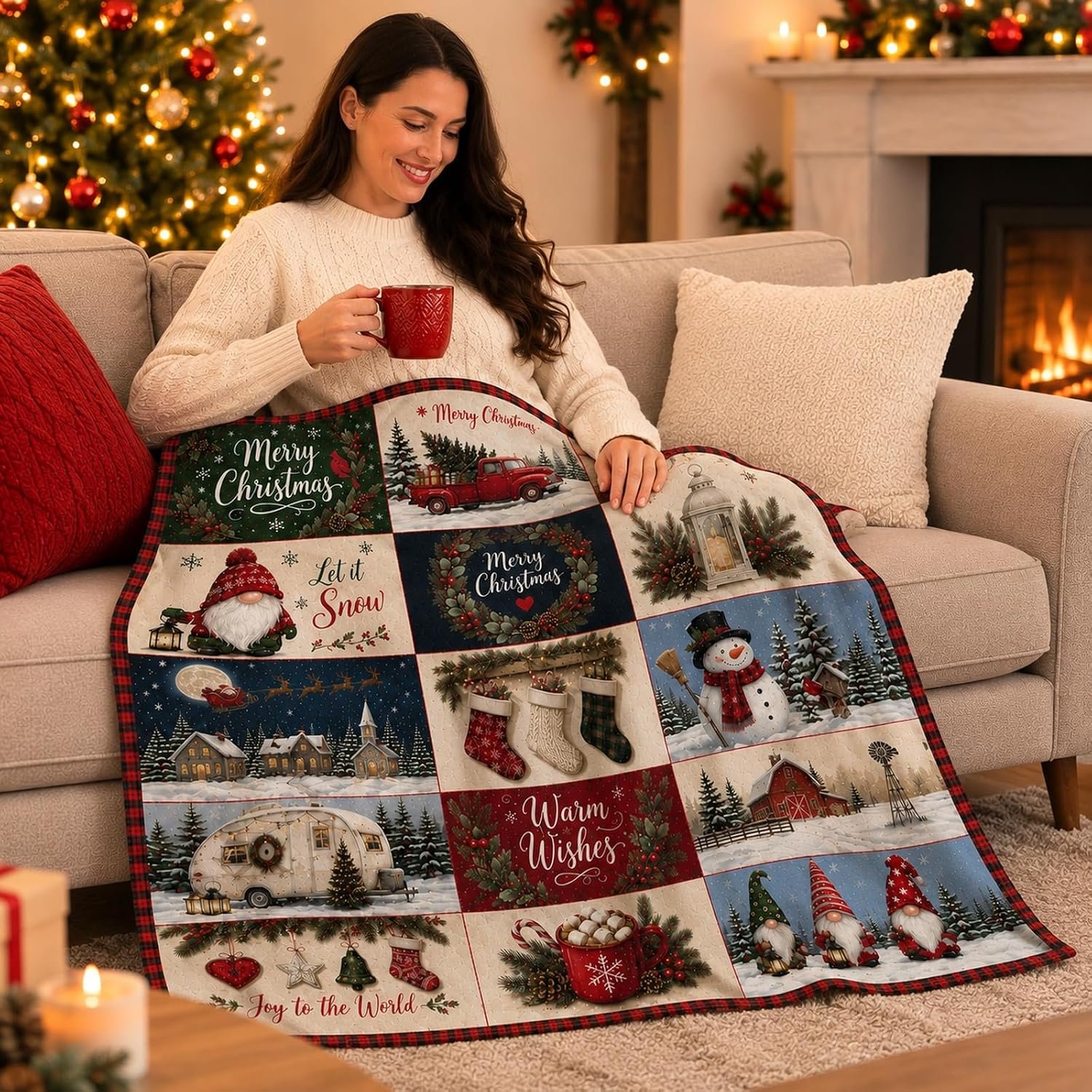Christmas Throw Blanket Vintage Christmas Patchwork Print For Couch - Image 4
