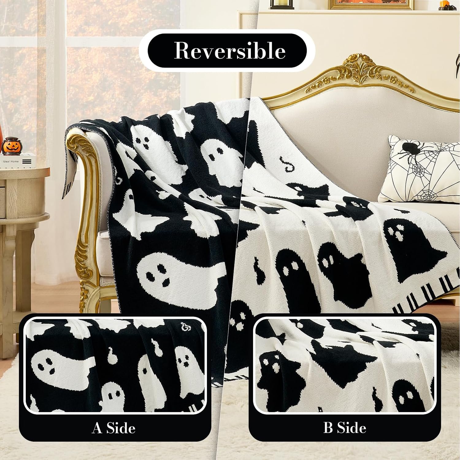 Halloween Throw Blanket for Couch, Dual- Sided Spooky Halloween Ghost Cute Terror Scence, Chenille Knit Soft Cozy for Sofa Home Decor Gifts, 50" x 60", Ghost - Image 2