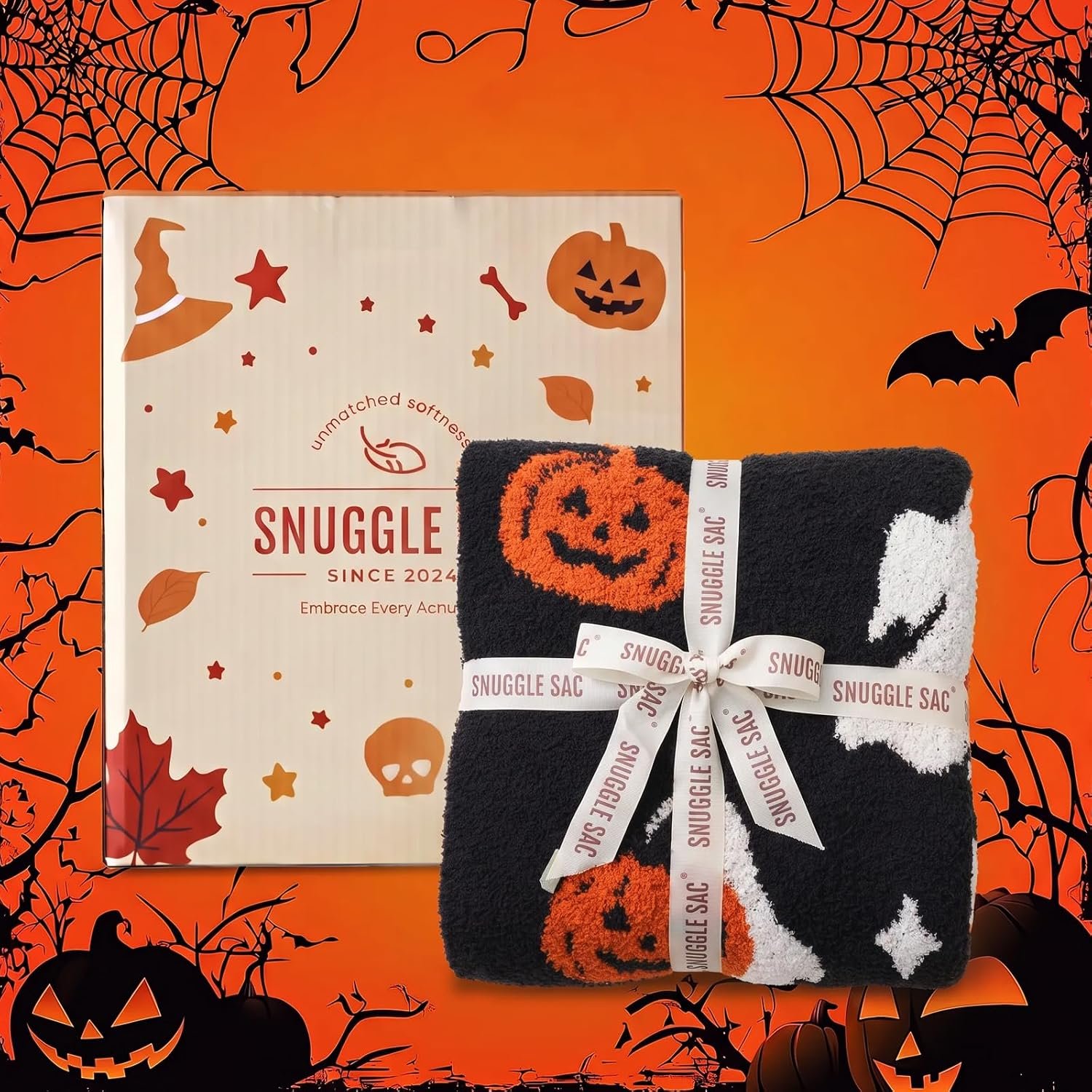 Halloween Orange Pumpkin Throw Blanket with White Ghost,Black Throw Blanket for Couch Sofa Bed,Soft Cozy Blankets for Women, 50×60 inches - Image 4