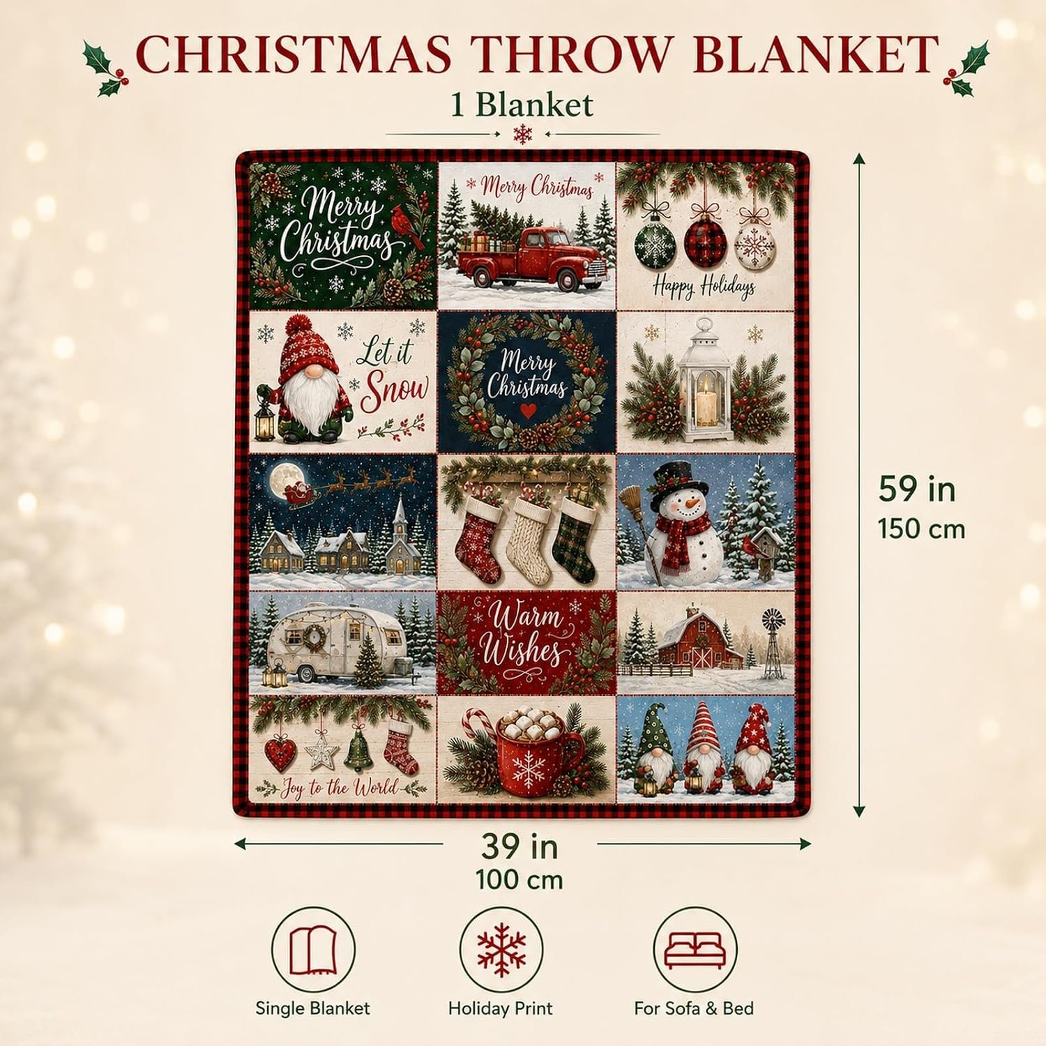 Christmas Throw Blanket Vintage Christmas Patchwork Print For Couch - Image 2