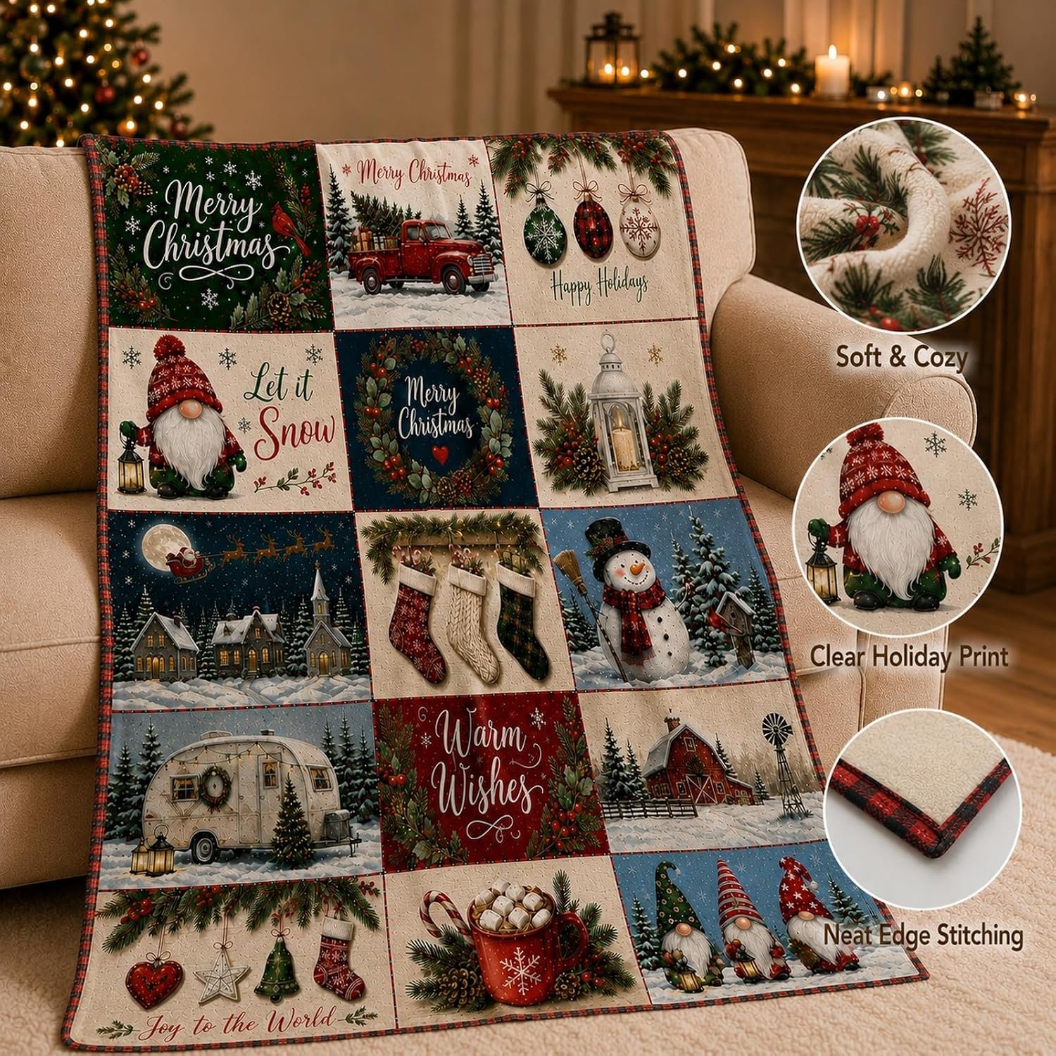 Christmas Throw Blanket Vintage Christmas Patchwork Print For Couch - Image 3