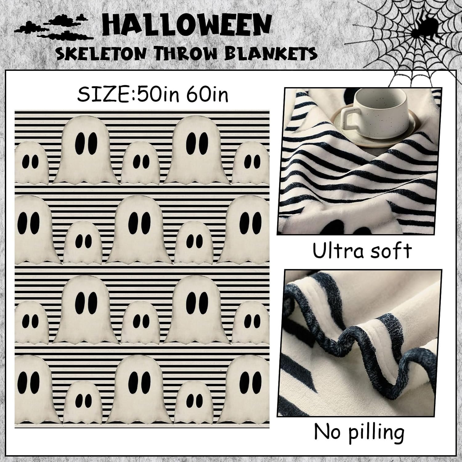 Halloween Throw Blanket Cute Ghost Blanket Black and White Striped - Image 3