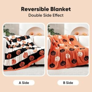 Halloween Throw Blanket Orange Pumpkin Blanket, Black Striped Halloween Throw Blanket for Couch 50×60 inches, Ultra Soft Decorative Striped Pumpkin Blanket