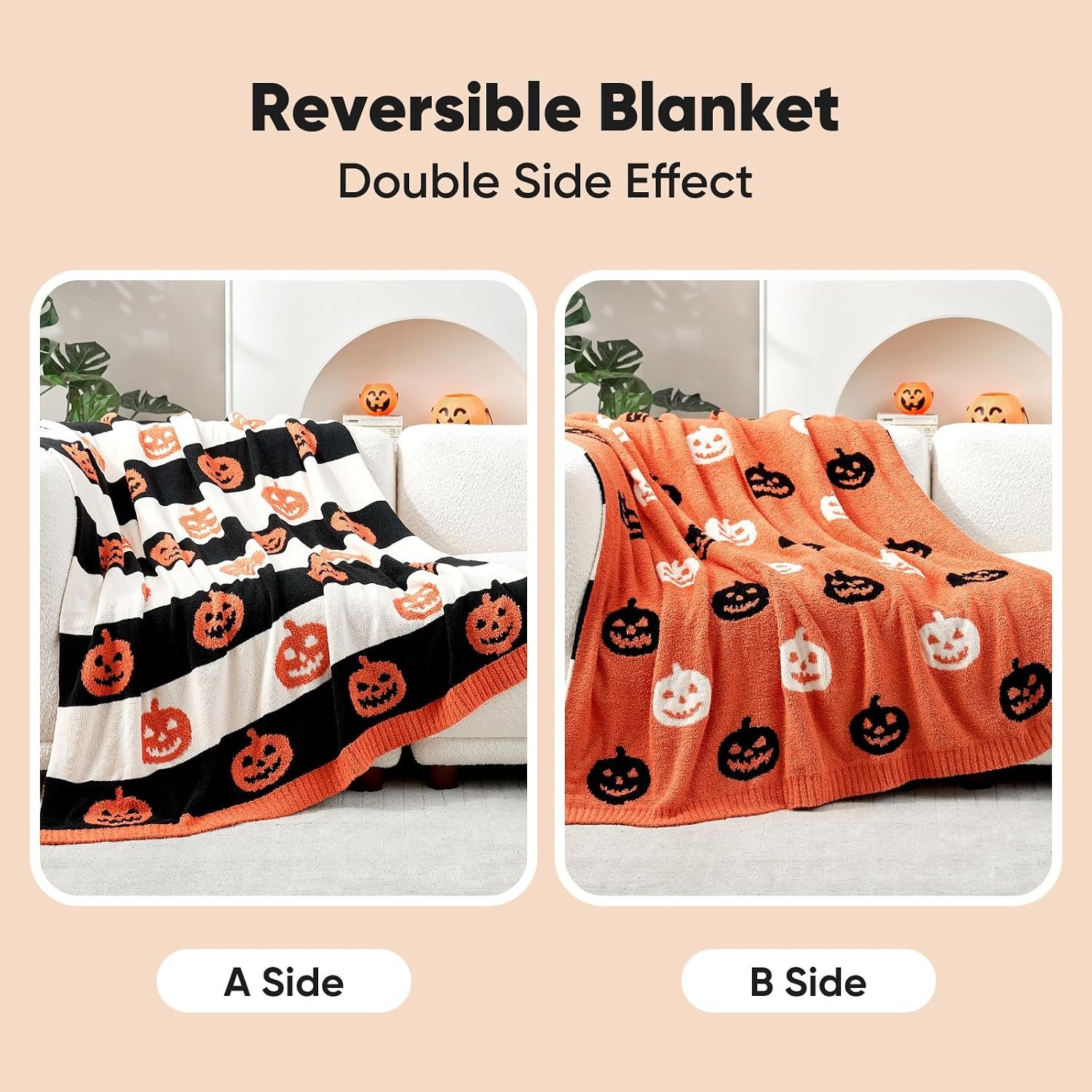 Halloween Throw Blanket Orange Pumpkin Blanket, Black Striped Halloween Throw Blanket for Couch 50x60 inches, Ultra Soft Decorative Striped Pumpkin Blanket - Image 2