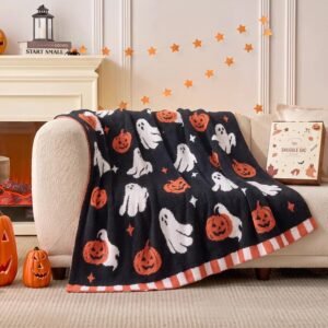Halloween Orange Pumpkin Throw Blanket with White Ghost,Black Throw Blanket for Couch Sofa Bed,Soft Cozy Blankets for Women, 50×60 inches