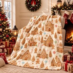 Christmas Gingerbread House Village Throw Blanket 50×60, Cream Candy Cane Flannel Fleece Blanket for Couch Sofa Bed, Soft Cozy Holiday Decor Gift