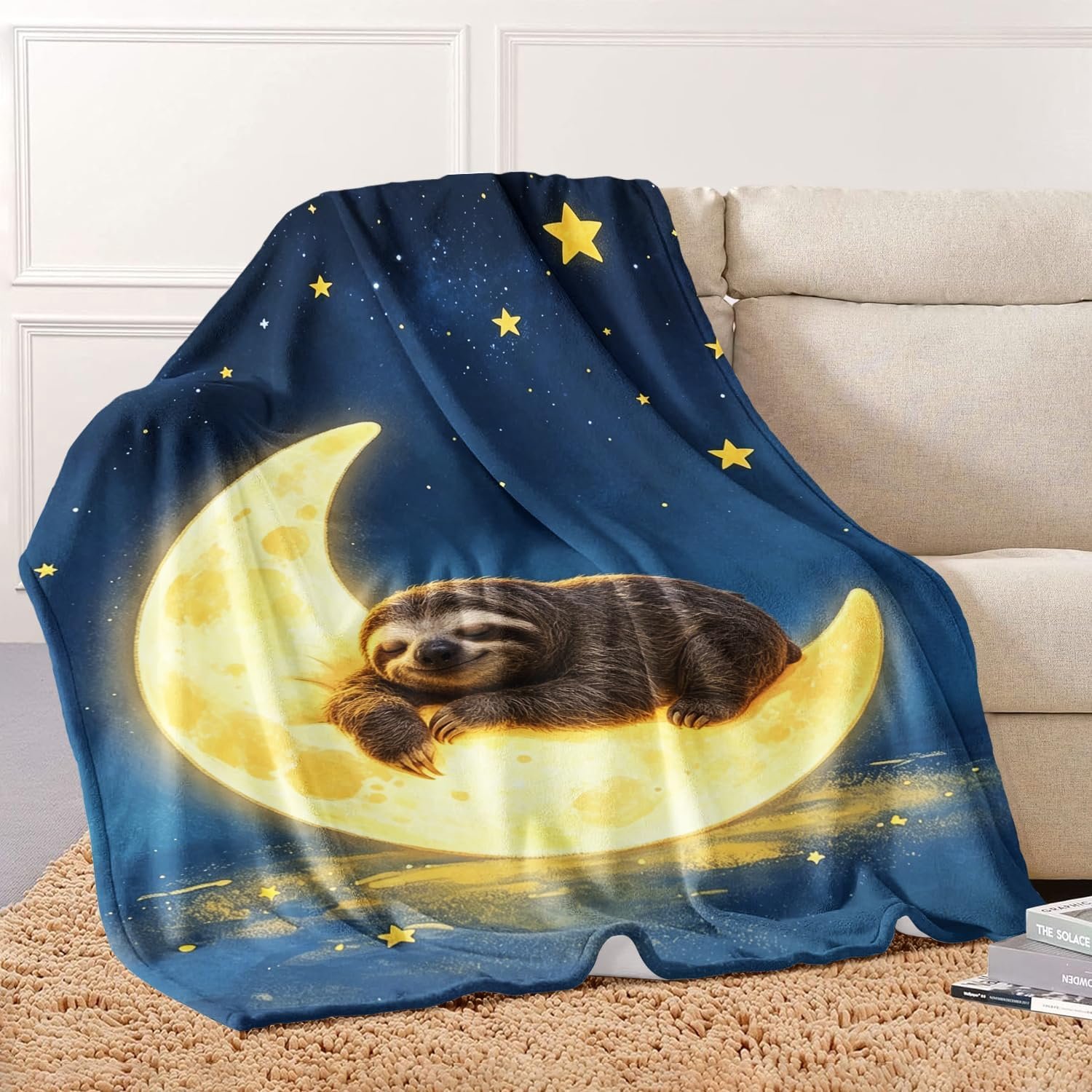 Cute Sloth Fleece Blanket Gifts for Women Girls, Soft Cozy Plush Funny Throw Blanket for Bed, Couch and Room Decor, Warm Moon, 60" x 80" - Image 2
