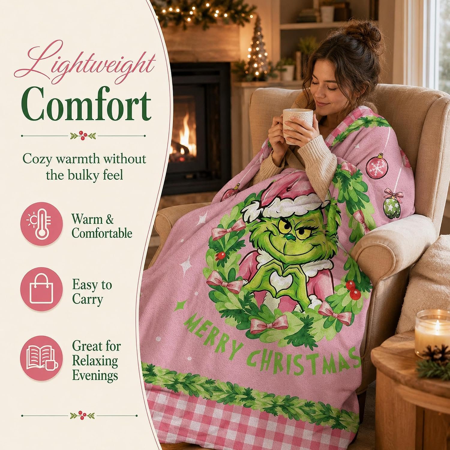Pink Christmas Blanket 50x60in Green Character Holiday Throw Blanket - Image 4
