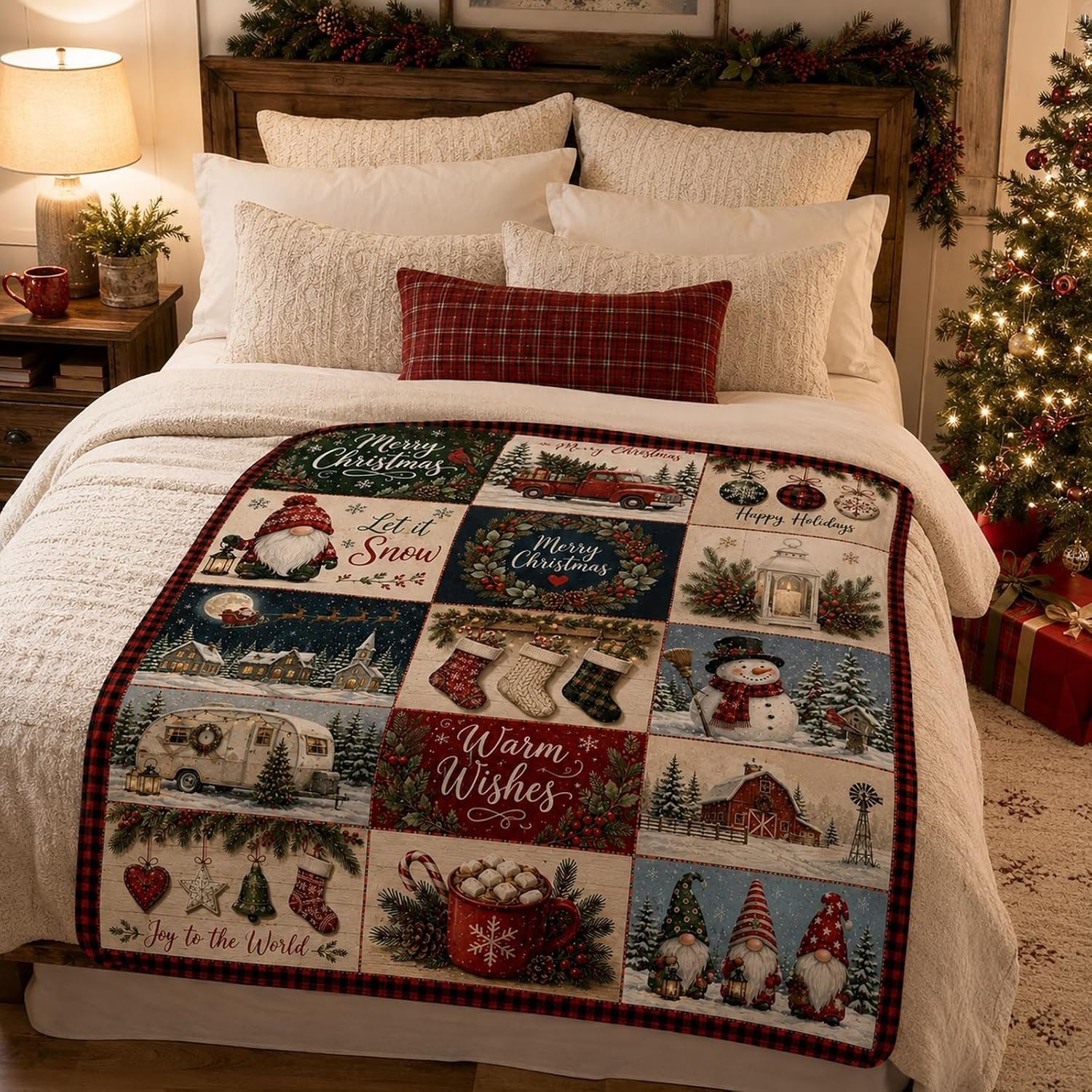 Christmas Throw Blanket Vintage Christmas Patchwork Print For Couch - Image 5