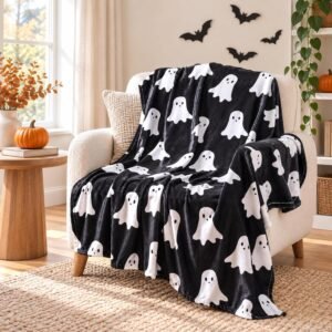 Black Halloween Ghost Throw Blanket 50×60 Double Sided Fleece