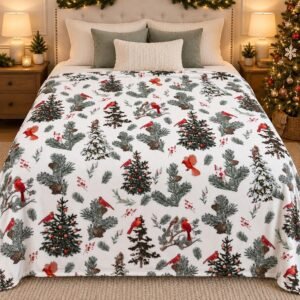 Christmas Cardinal Birds Fleece Throw Blanket Gift Decoration 90x90In