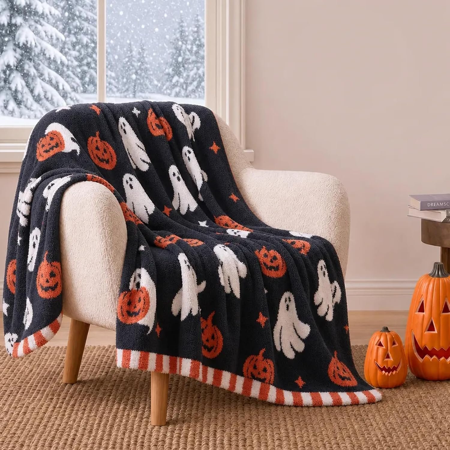 Halloween Orange Pumpkin Throw Blanket with White Ghost,Black Throw Blanket for Couch Sofa Bed,Soft Cozy Blankets for Women, 50×60 inches - Image 2
