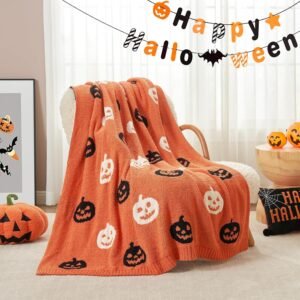Halloween Throw Blanket Orange Pumpkin Blanket, Black Striped Halloween Throw Blanket for Couch 50×60 inches, Ultra Soft Decorative Striped Pumpkin Blanket