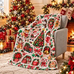 Christmas Characters Throw Blanket, Cute Santa Snowman Reindeer Gingerbread Penguin Pattern, Soft Cozy Flannel Blanket for Sofa Couch Bed Bedroom, Festive Holiday Home Decor, Xmas Housewarming Gift