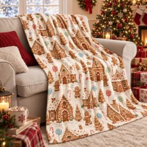 Christmas Gingerbread House Village Throw Blanket 50×60, Cream Candy Cane Flannel Fleece Blanket for Couch Sofa Bed, Soft Cozy Holiday Decor Gift