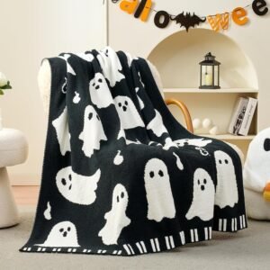 Halloween Throw Blanket for Couch, Dual- Sided Spooky Halloween Ghost Cute Terror Scence, Chenille Knit Soft Cozy for Sofa Home Decor Gifts, 50″ x 60″, Ghost