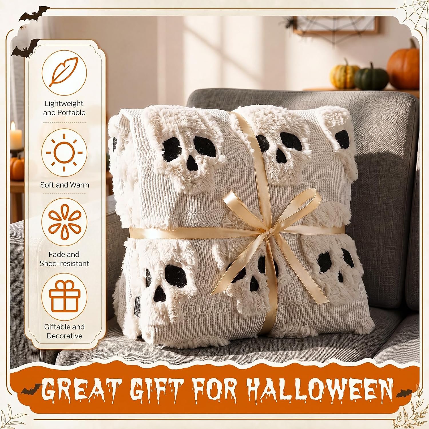 Halloween Throw Blanket 50 x 60'' Cute 3D Skull Blanket, White - Image 3