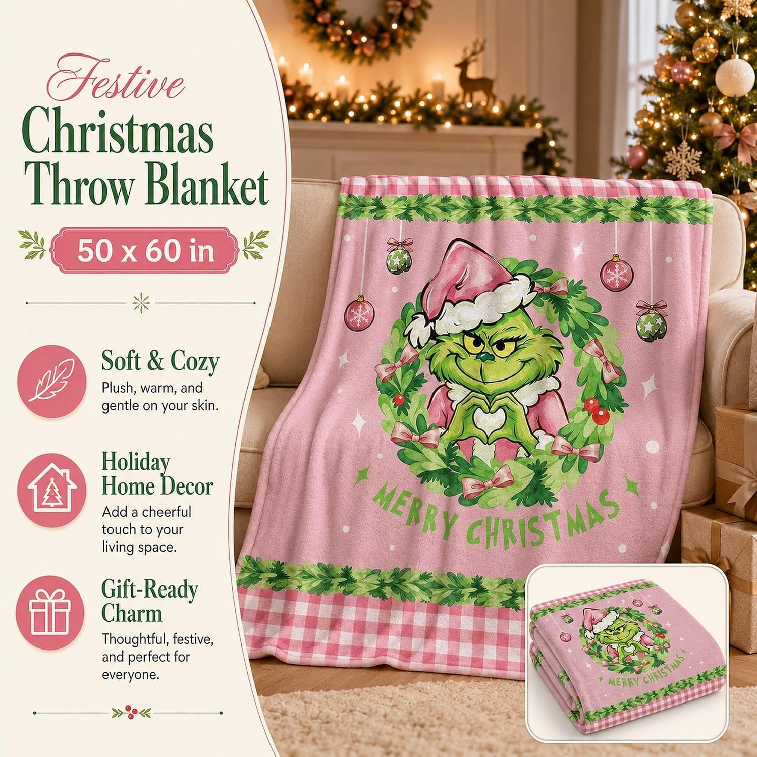 Pink Christmas Blanket 50x60in Green Character Holiday Throw Blanket - Image 2
