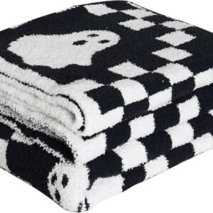 Ultra Soft Cozy Checkered Ghost Halloween Knitted Throw Blanket Fluffy Microfiber Checkerboard Bed Blanket Lightweight Both Sides Throw Blanket for Couch Sofa Bed 50″X60″Black