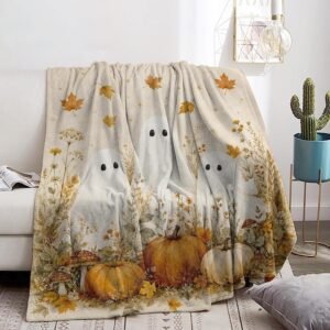 Ghost Blanket Autumn Pumpkin Floral Flannel Throw 50×60 Inch