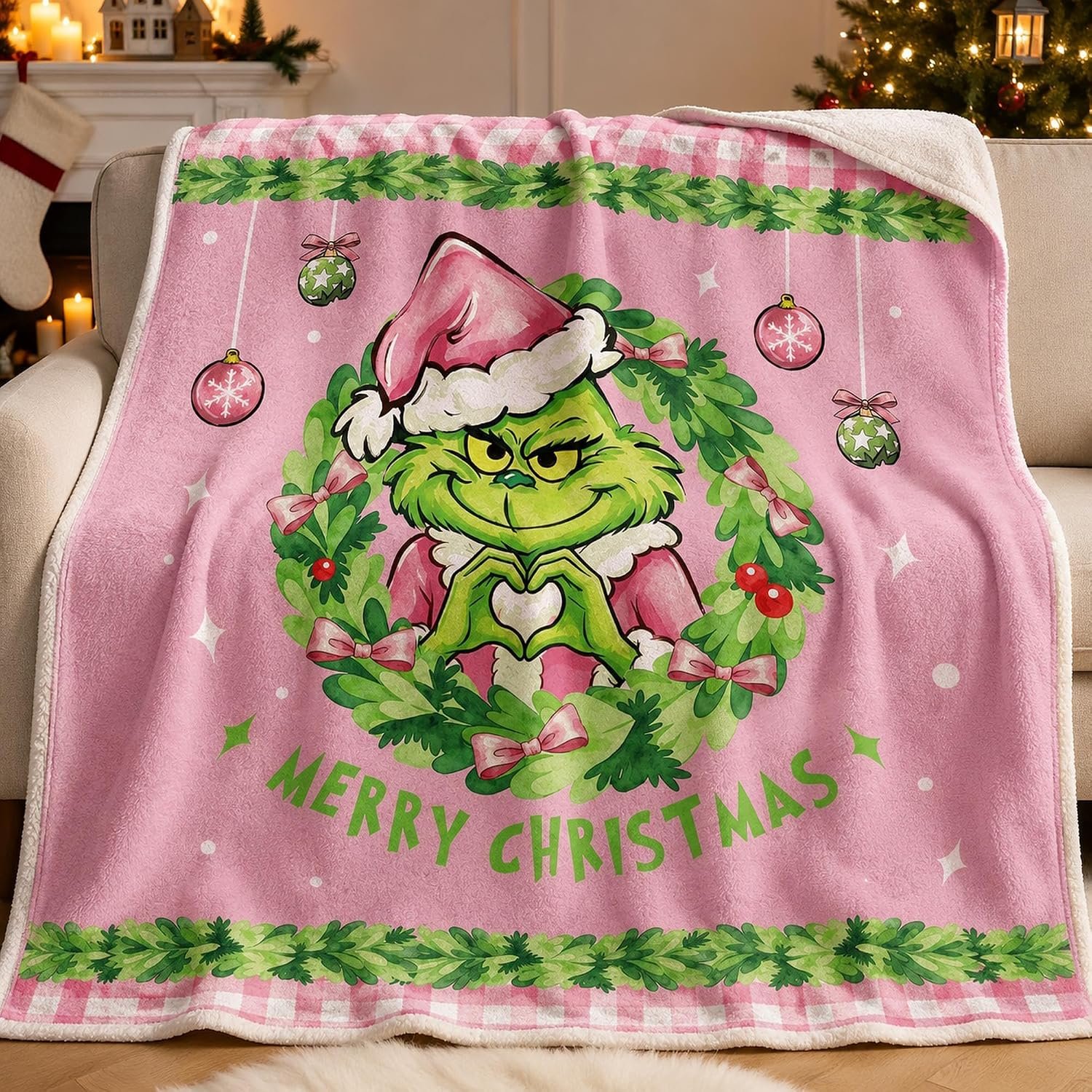 Pink Christmas Blanket 50x60in Green Character Holiday Throw Blanket