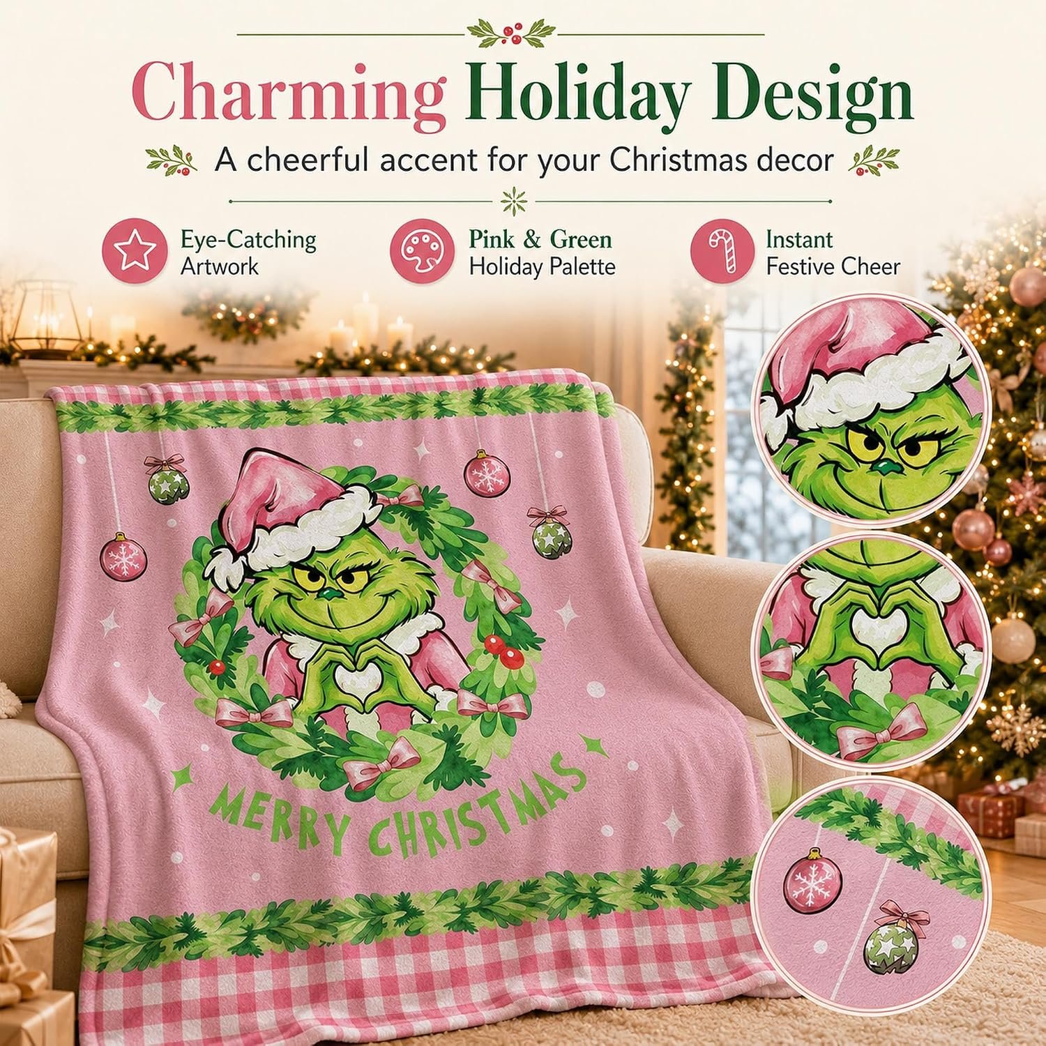 Pink Christmas Blanket 50x60in Green Character Holiday Throw Blanket - Image 5