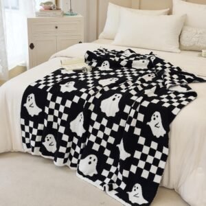 Ultra Soft Cozy Checkered Ghost Halloween Knitted Throw Blanket Fluffy Microfiber Checkerboard Bed Blanket Lightweight Both Sides Throw Blanket for Couch Sofa Bed 50″X60″Black