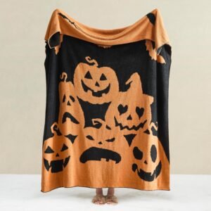 Halloween Throw Blanket Reversible Super Soft Knitted Blankets for Couch Bed Sofa Microfiber Warm Cozy Comfy Lightweight Fall Comfort Fluffy Fuzzy Knit Blanket Cute 50×60 Inches Pumpkin