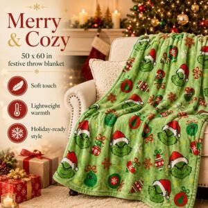 Christmas Green Character Throw Blanket 50x60in, Festive Holiday Soft
