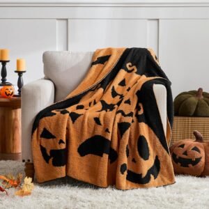 Halloween Throw Blanket Reversible Super Soft Knitted Blankets for Couch Bed Sofa Microfiber Warm Cozy Comfy Lightweight Fall Comfort Fluffy Fuzzy Knit Blanket Cute 50×60 Inches Pumpkin